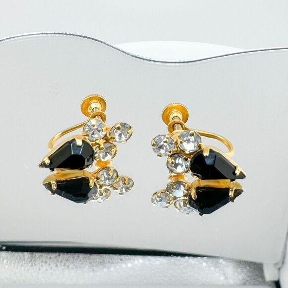 Vintage 1950s Screw Back Earrings Sparkling Clear Black Rhinestones Art Deco - Picture 1 of 9